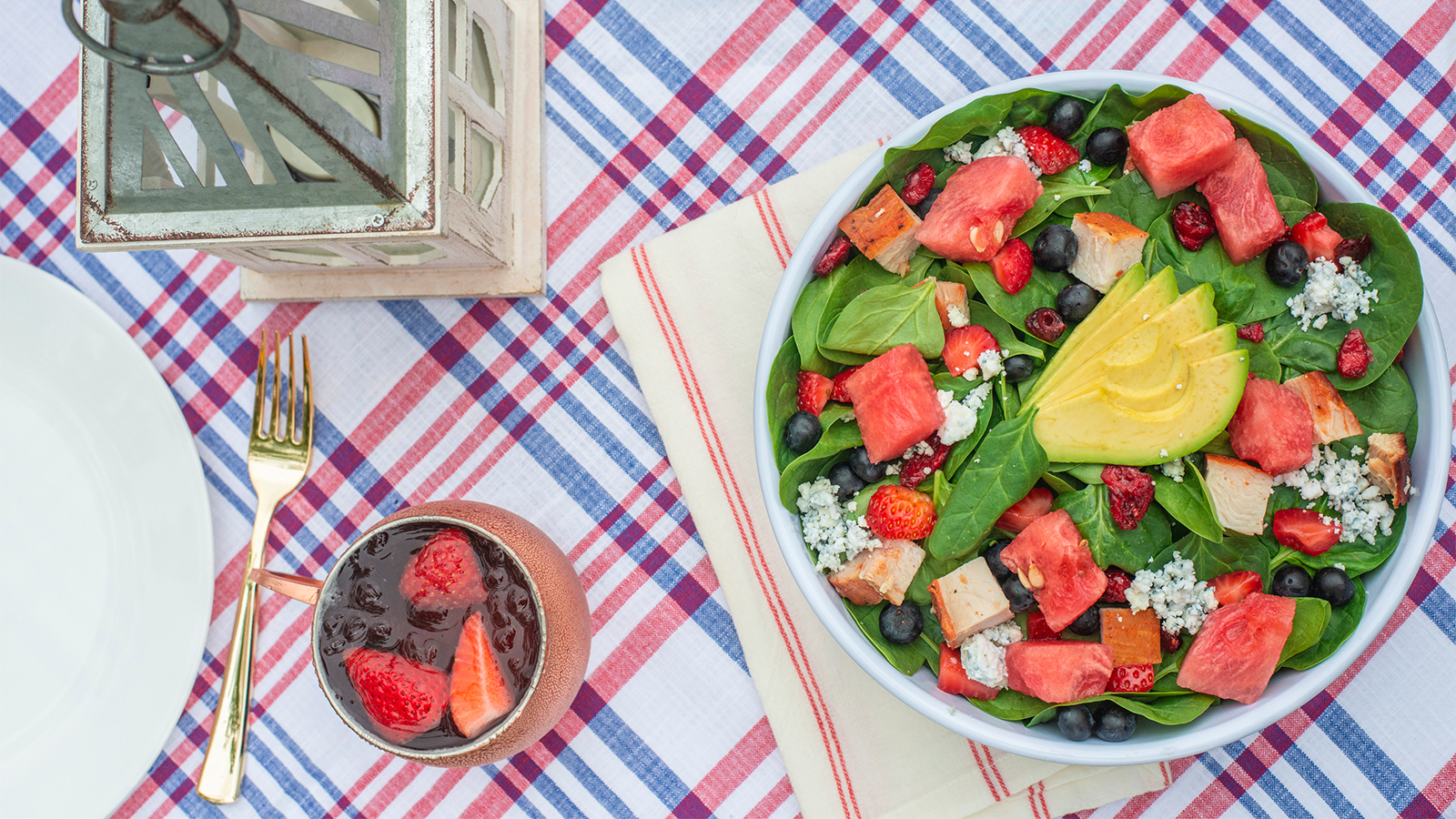 watermelon, blueberry, avocado and spinach salad