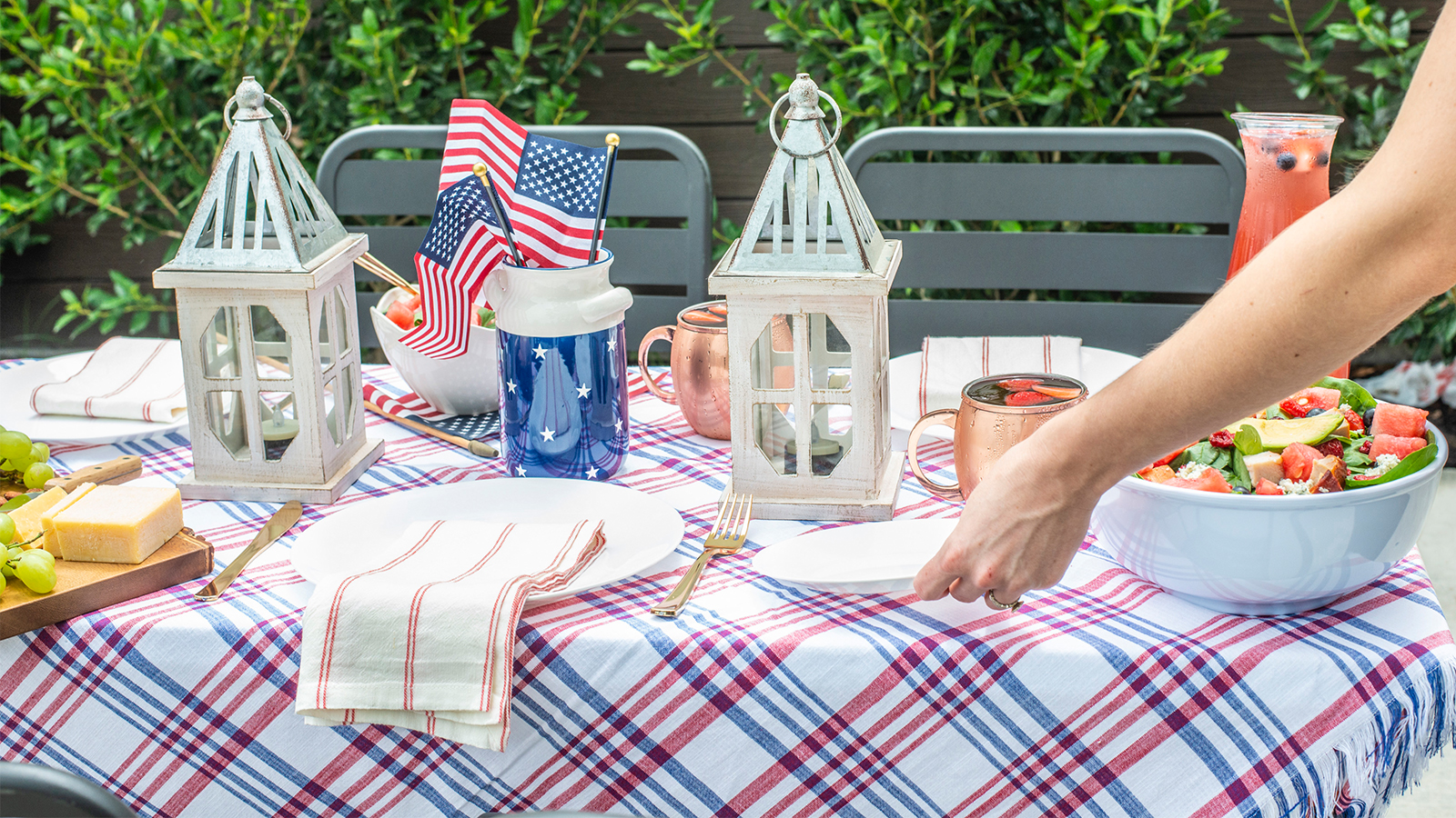 picnic table with decorations and a salad